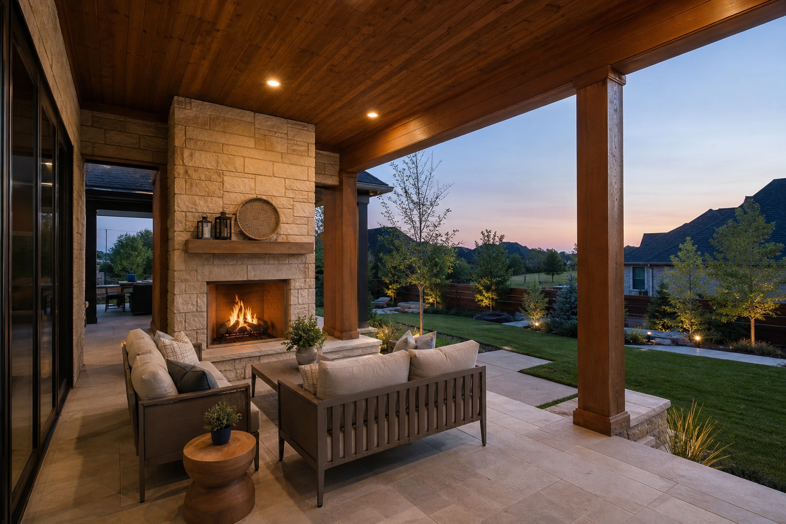 Covered outdoor living space with stone fireplace and cedar ceiling at dusk, representative rendering
