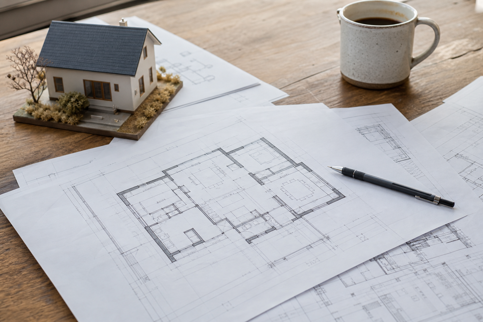 Flat lay of architectural blueprints with pencil and model house, representative rendering