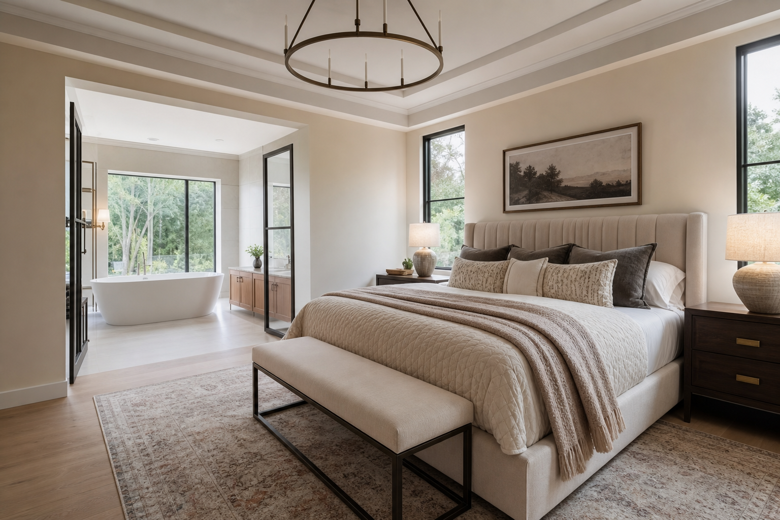 Luxury primary bedroom suite with freestanding soaking tub, representative rendering