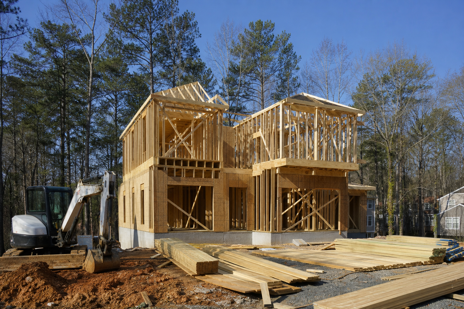Residential construction site mid-build with wood framing and excavator, representative rendering