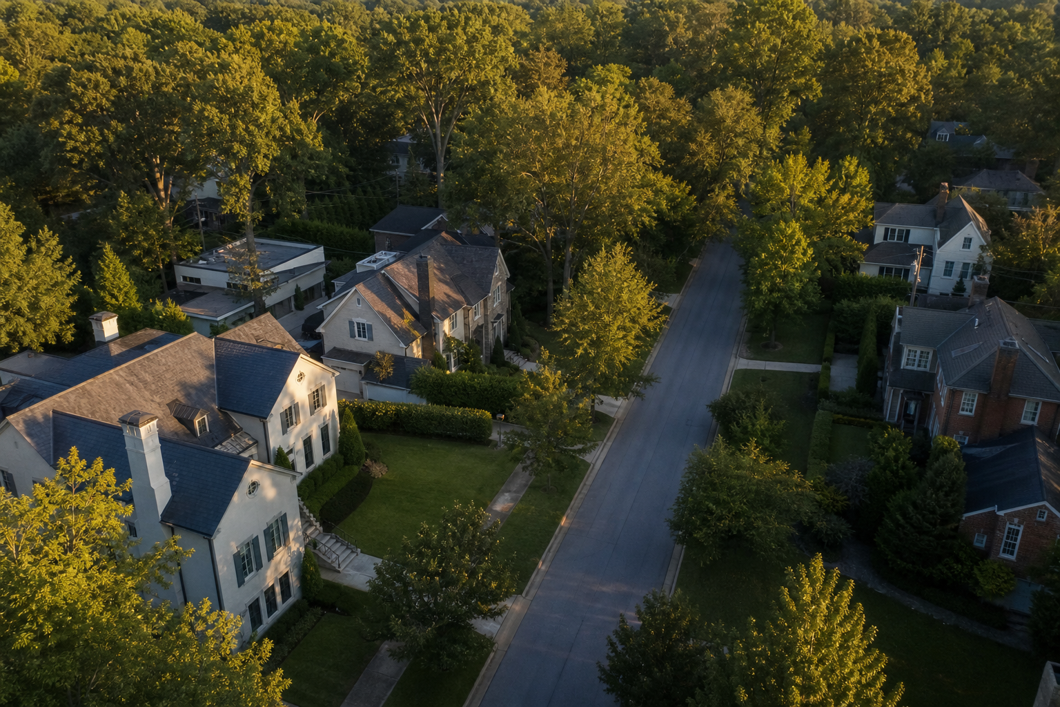 Aerial drone view of a leafy affluent Atlanta suburb street at golden hour, representative rendering